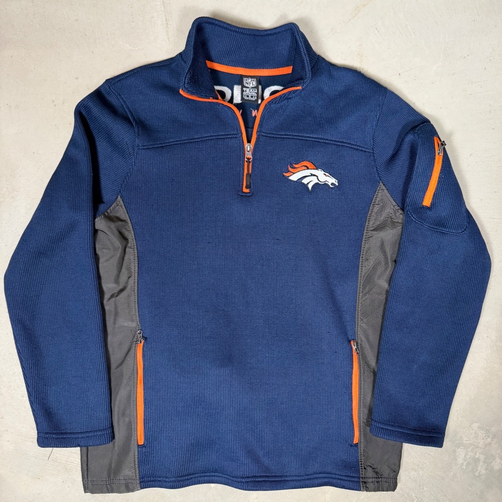 NFL Team Apparel Denver Broncos Mens Small Blue Orange‎ Quarter Zip Pullover